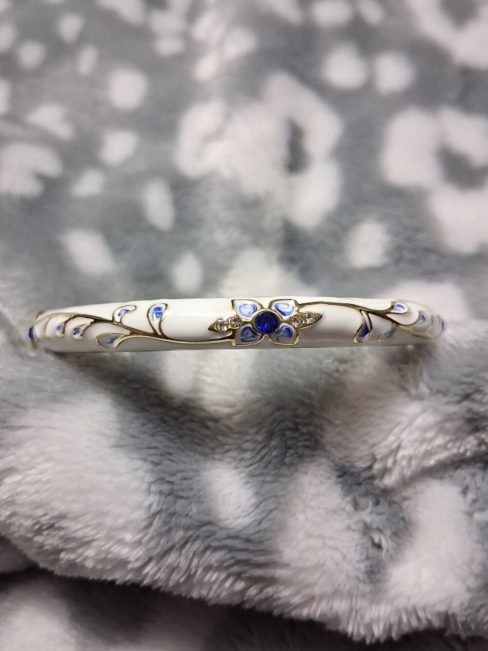 Elegant White Enamel Bangle Bracelet with Blue Floral Accents
